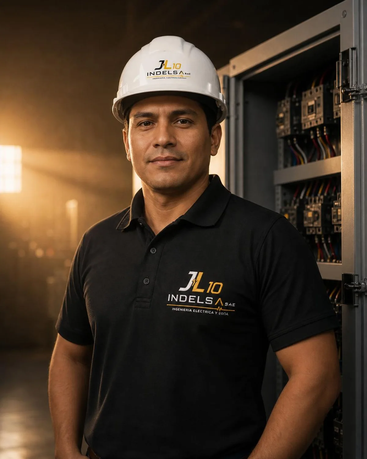 Técnico de JL10 INDELSA uniformado junto a un tablero eléctrico