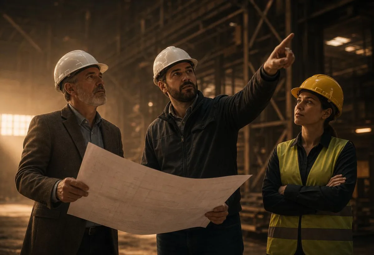Arquitecto, ingeniero civil y responsable de seguridad y salud ocupacional coordinando un proyecto