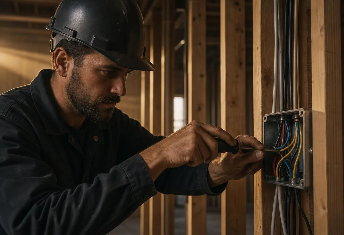Electricista instalando cableado eléctrico residencial en una vivienda en construcción