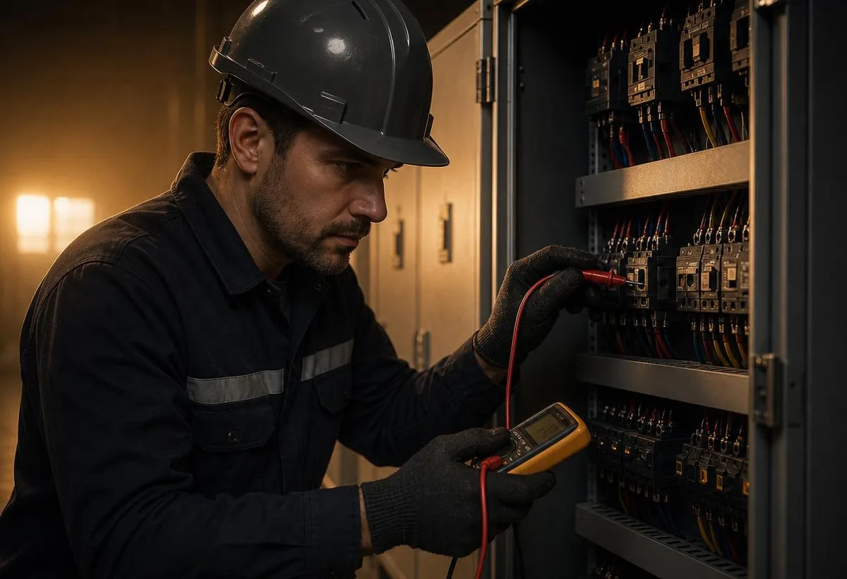 Técnico realizando mantenimiento preventivo con multímetro en un tablero eléctrico