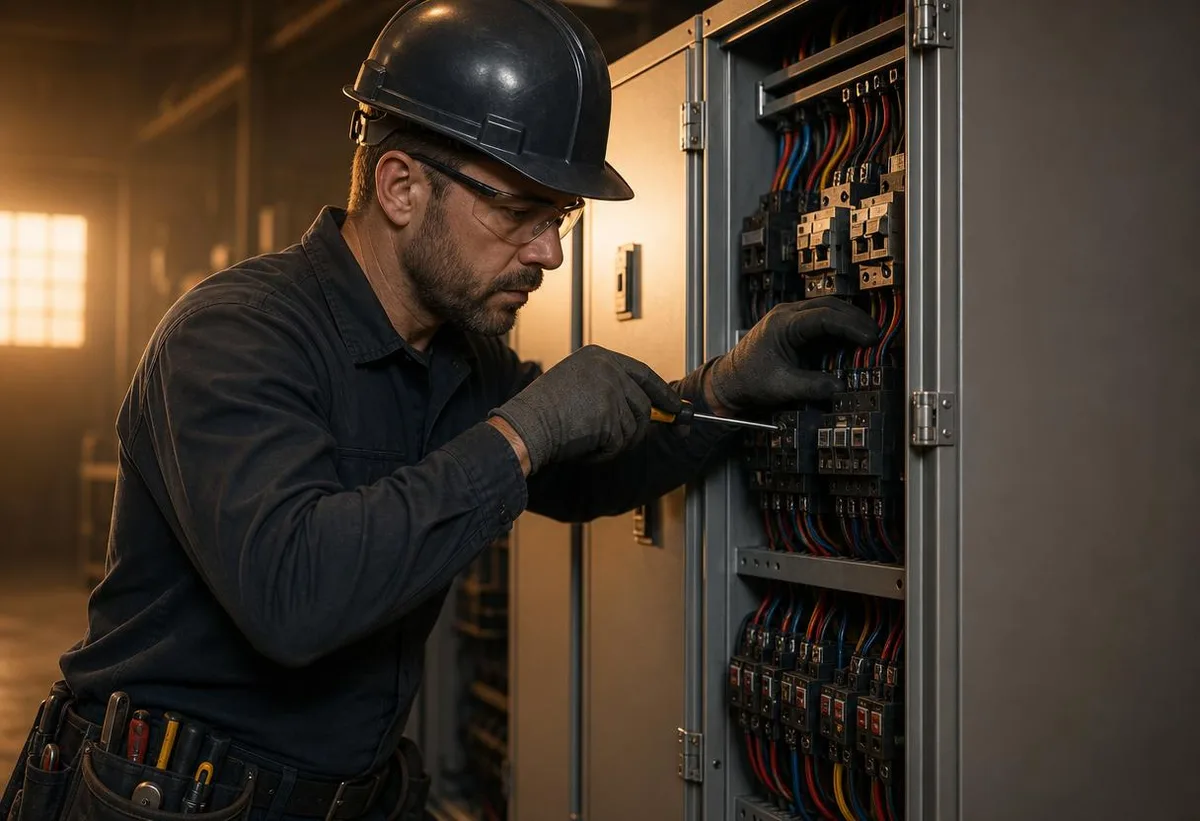 Técnico montando e instalando un tablero eléctrico industrial