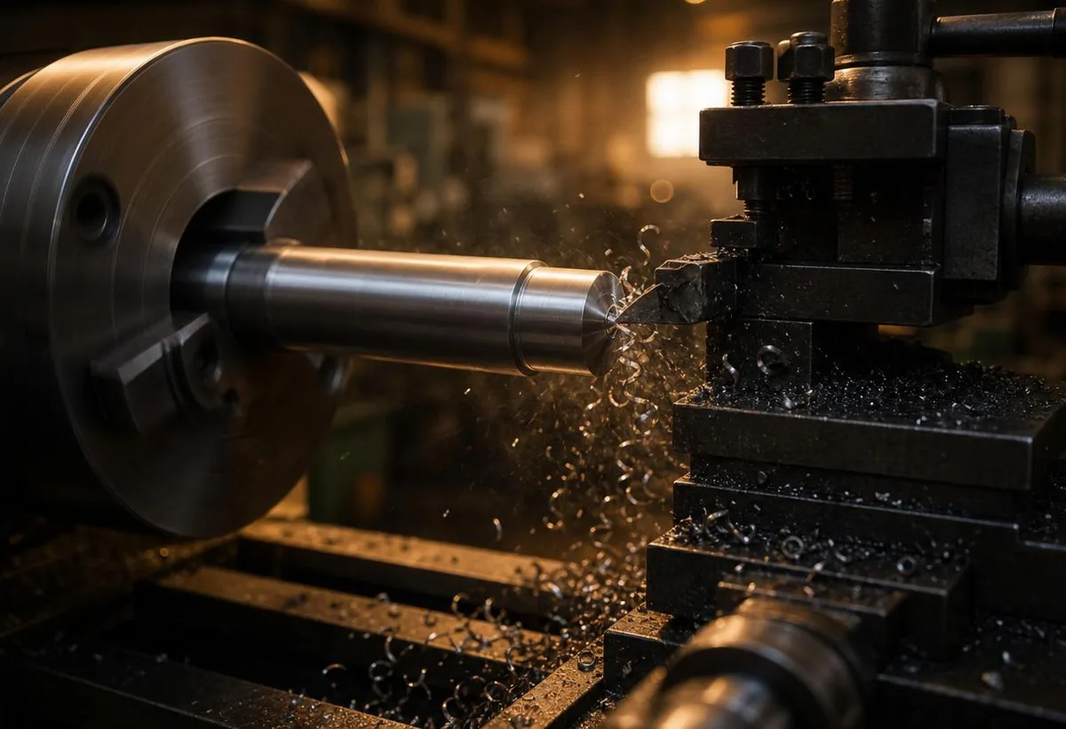 Torno industrial en acción maquinando una pieza metálica en Lima